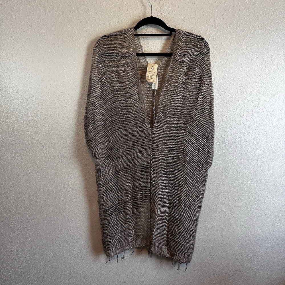 Boho M Crochet Loose Knit Tunic Pullover Tan Fringe Lagenlook Handmade Festival
